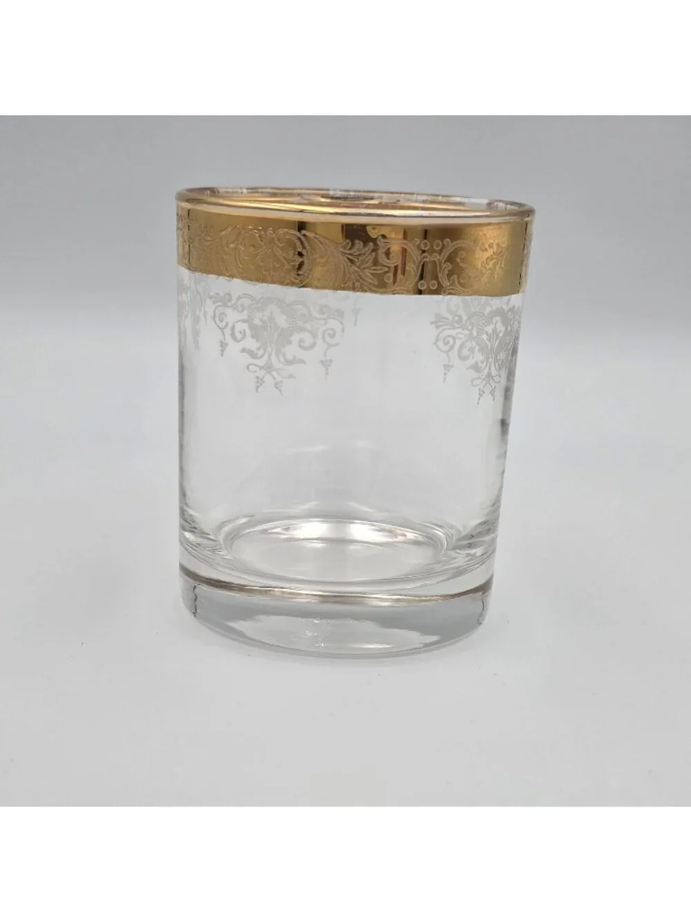 Old Fashioned by Cellini Gold Rim Etched Glass Tumbler With Floral Scroll Design